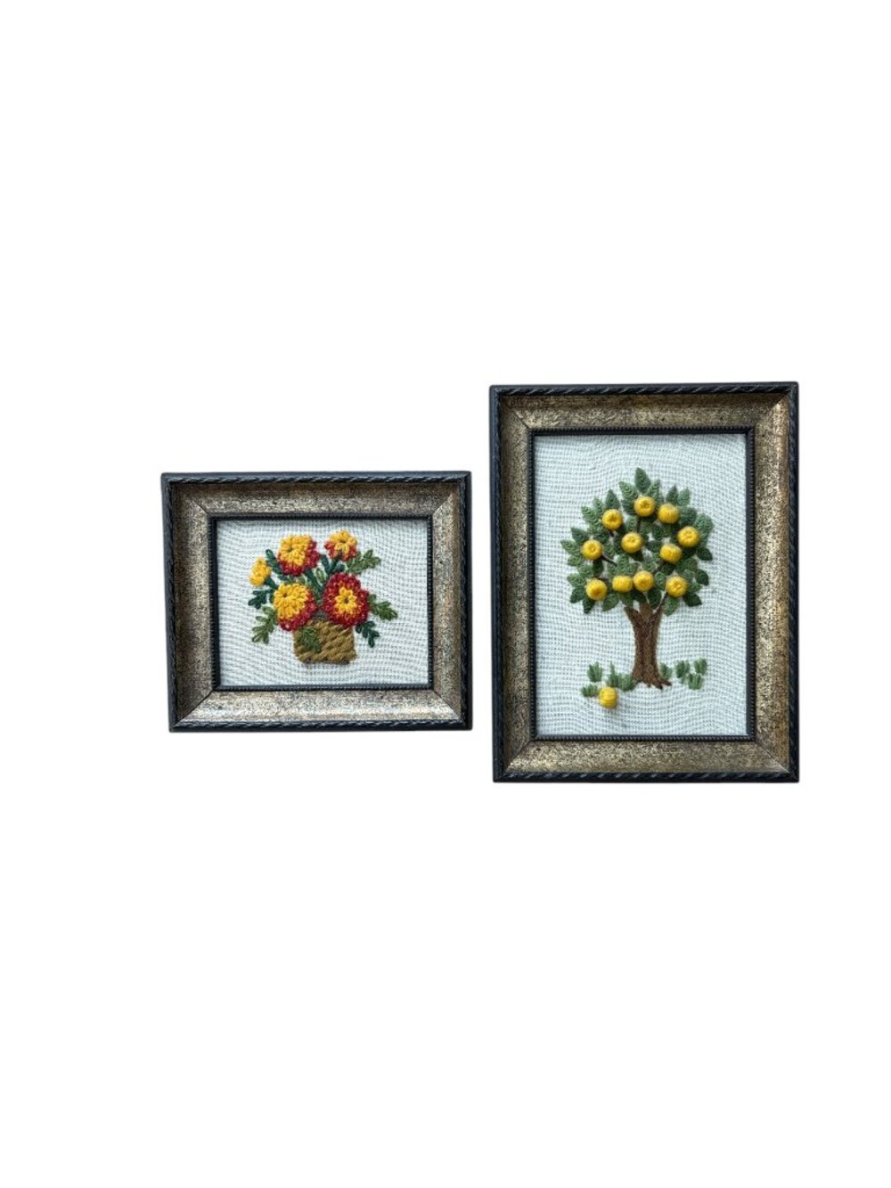 Pair of Vintage 1970's Mini Framed Crewel Embroidery Art - Lemon Tree and Flower